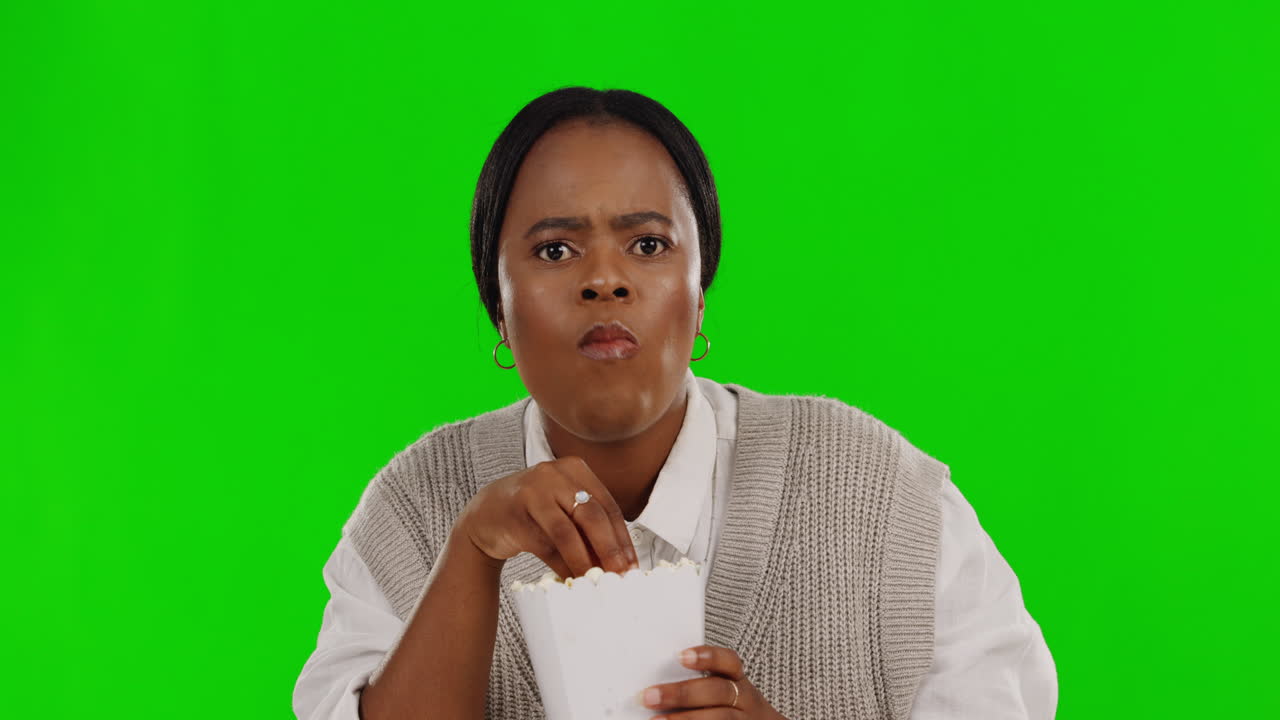 Shock, popcorn and movie with black woman on green