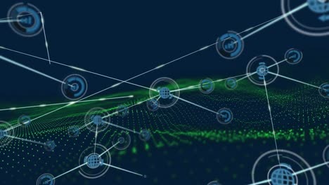 Animation-of-network-of-connections-with-digital-icons-over-green-mesh