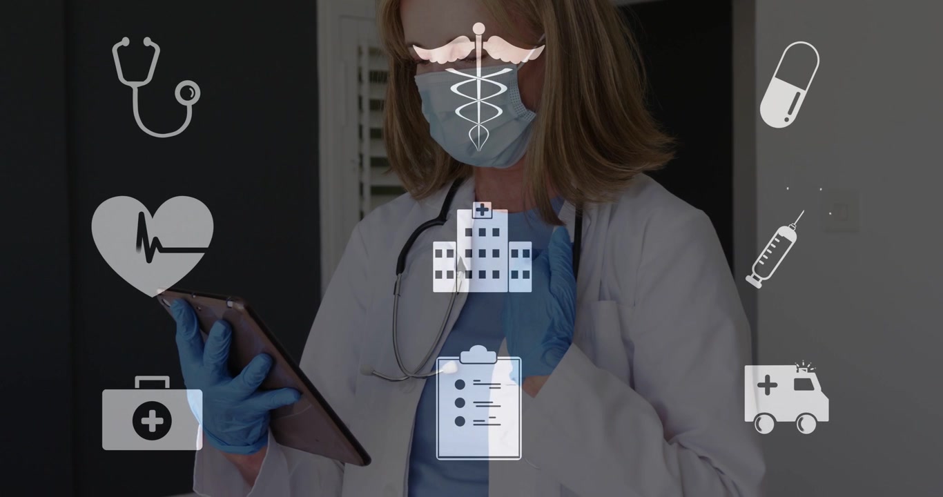 Dottoressa che sistema lo stetoscopio e poi tocca un tablet, aggiornando i registri con icone mediche circostanti.