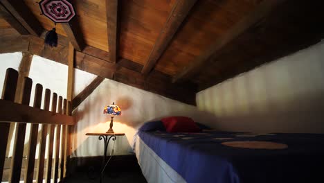 small bedroom in a wooden tiny house and cozy and warm feeling