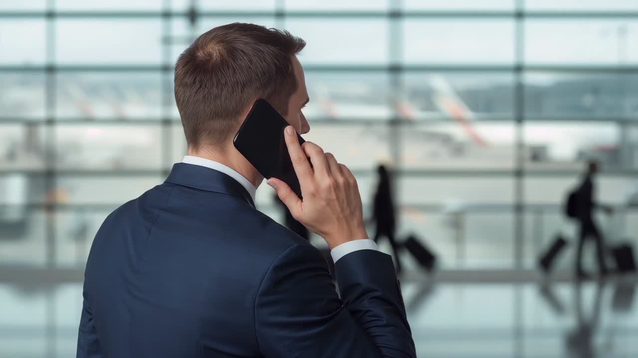 Raising smartphone to ear, business traveler calling at airport gate, with rolling luggage behind