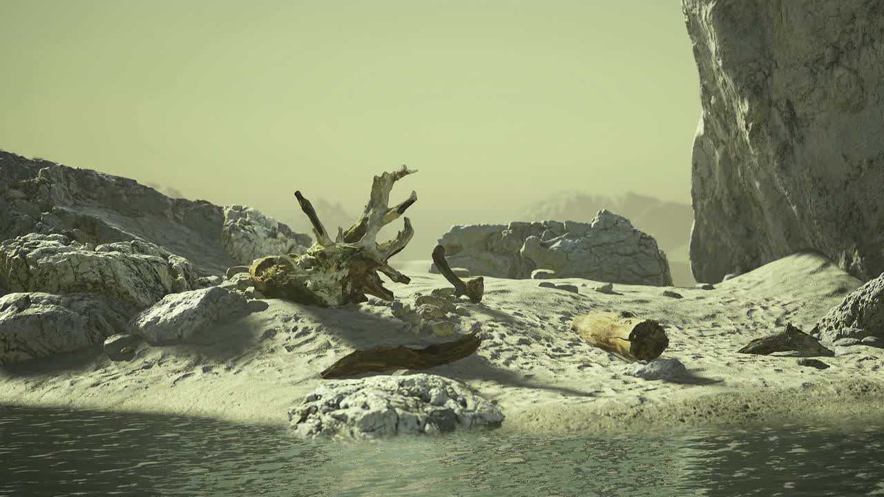 Frozen landscape with reflective water and rugged mountain backdrop at dusk