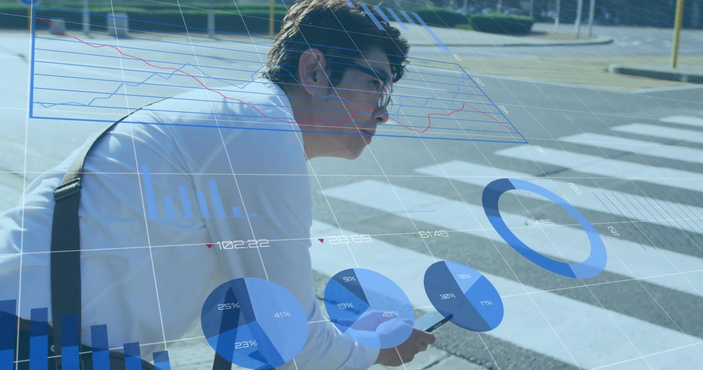 Animation of financial data processing over asian businessman