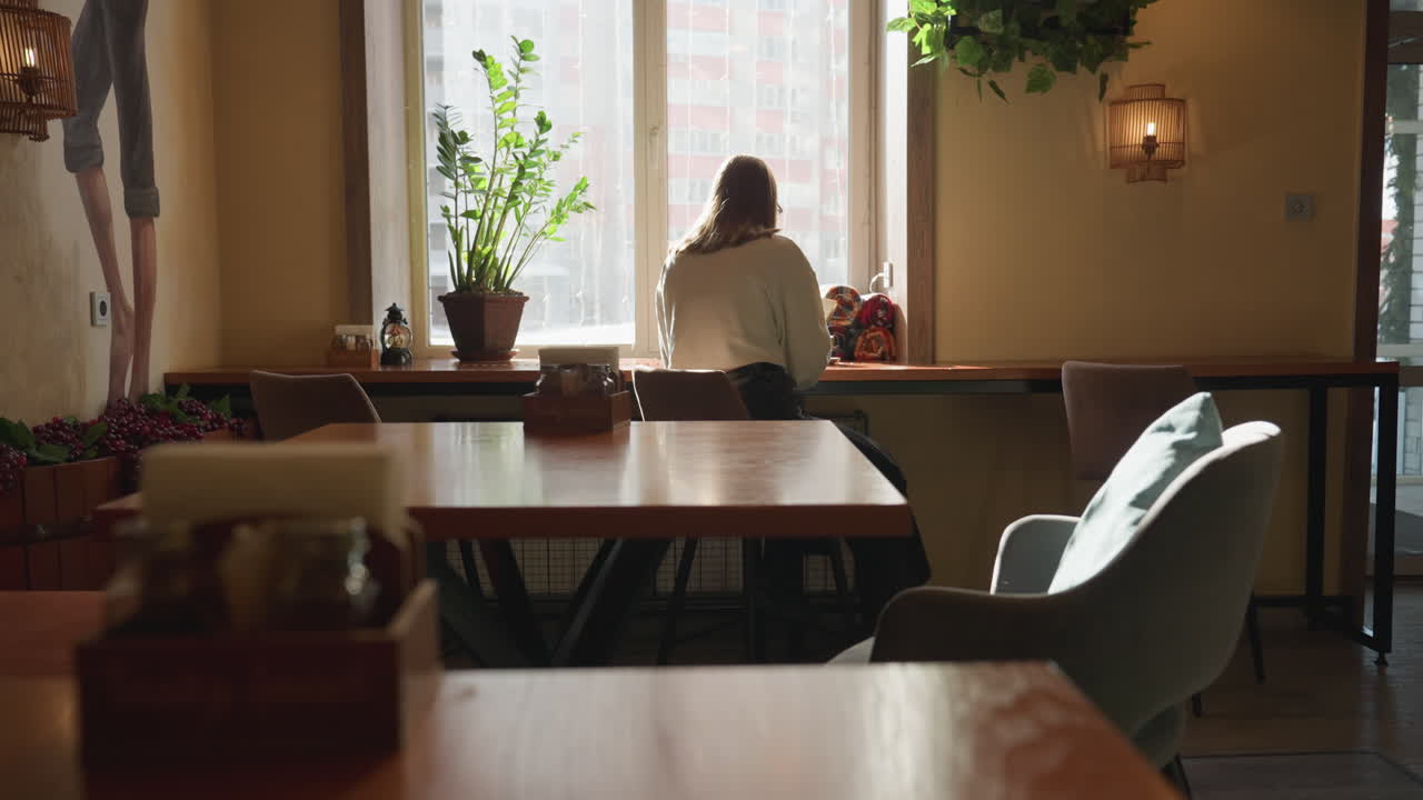 Student sitting quietly near window reading book as sunlight brightens cozy cafe interior, surrounded by wooden tables, soft chairs, indoor plant, and artistic wall decor