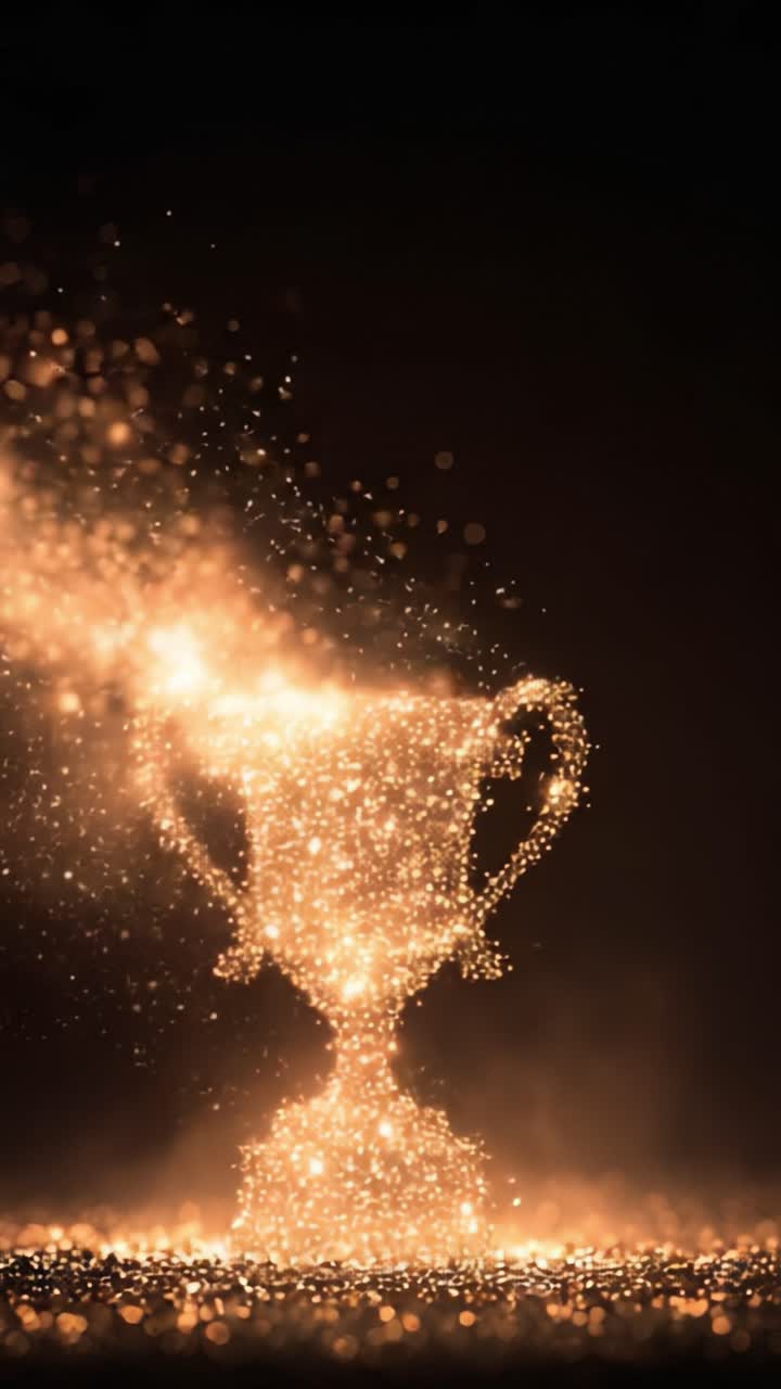Uno Spettacolare Display di un Trofeo Scintillante che Emerge da uno Sfondo Scintillante, Simboleggiando Successo e Vittoria negli Sport o Eventi Competitivi