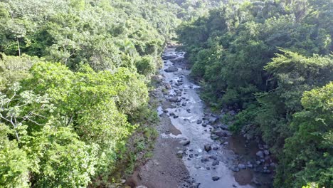 paisaje rural con exuberante vegetación y río en república dominicana - toma aérea de drones