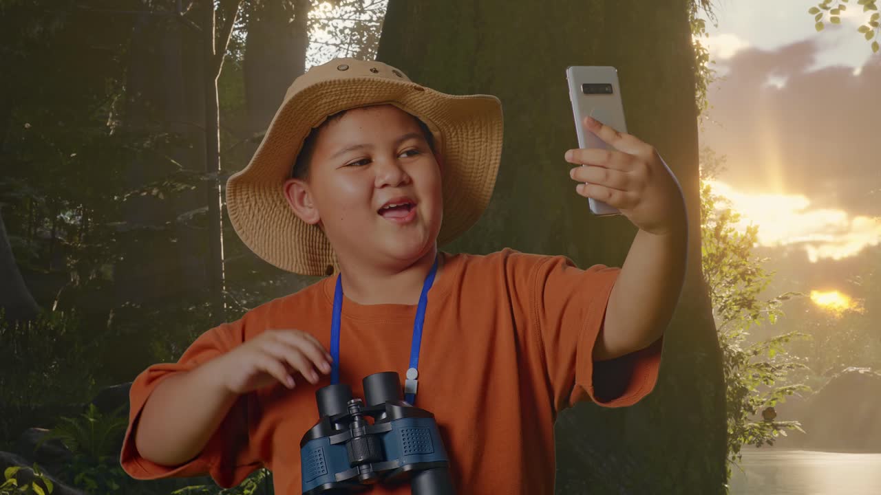 모자와 안경을 들고 손을 흔들며 숲의 자연을 탐험하는 동안 스마트폰으로 비디오 통화를 하는 아시아 소년. 소년 연구자는 무언가를 조사합니다. 여행 모험, 근접