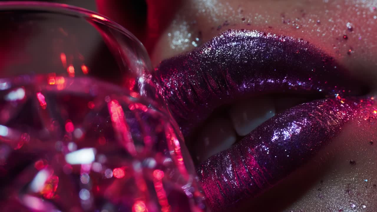 Primo piano di labbra lucenti adornate di glitter e una bevanda frizzante in un ambiente lussureggiante e vivace, arricchito da colori luccicanti che si riflettono su superfici lucide, creando una straordinaria esperienza visiva.