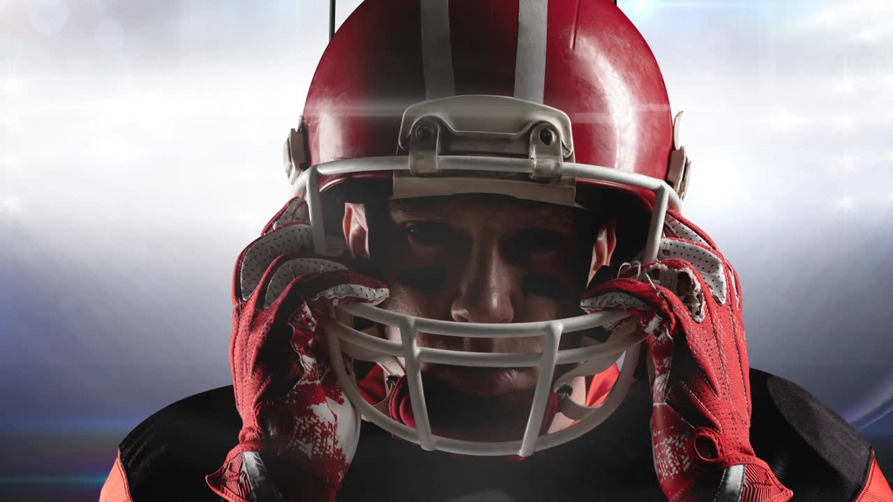 animación de luces que se mueven sobre el jugador de fútbol americano masculino y la meta en el estadio iluminado