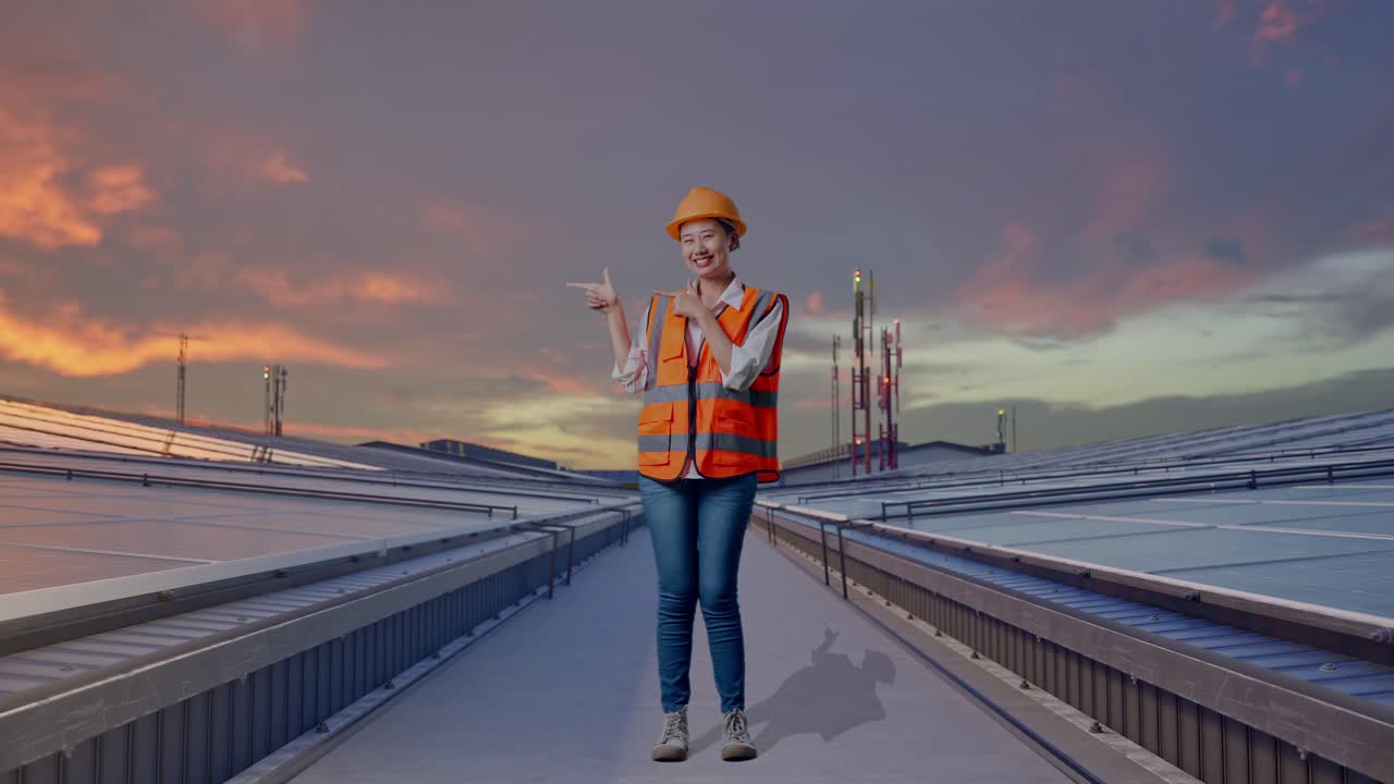 Helkropsbillede af asiatisk kvindelig ingeniør med sikkerhedshjelm, der smiler og peger til siden, mens hun står og inspicerer industrielle tagmonterede solpaneler.