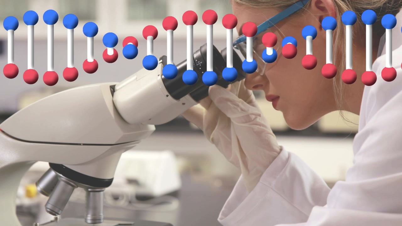 Animation of dna strand over caucasian female scientist using microscope