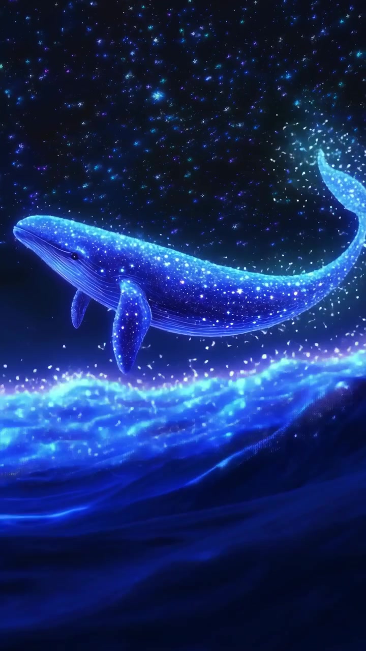 Balena Blu Magica che Fluttua Sopra Onde Oceaniche Luminose