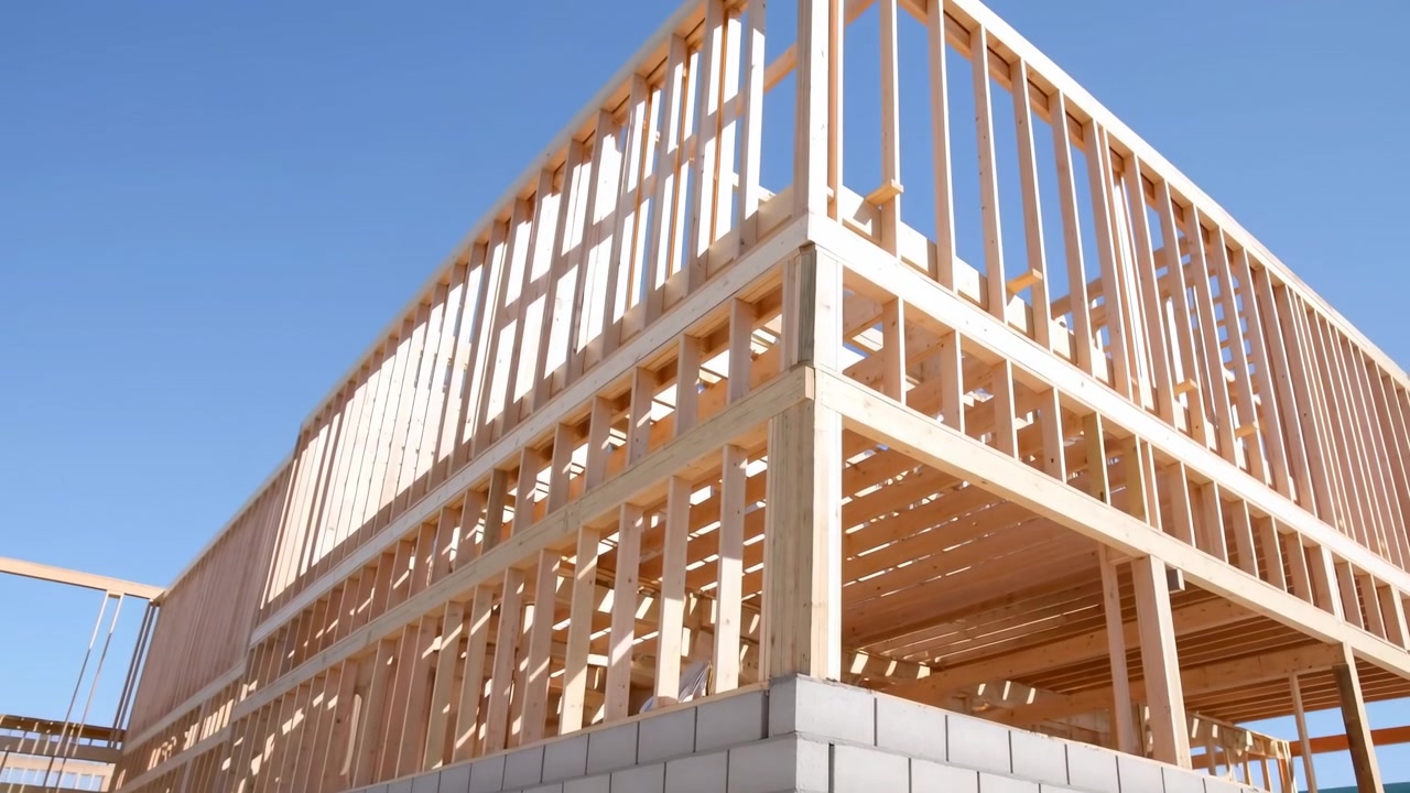a side view of a construction site where wooden beams and concrete blocks are progressively framed, highlighting the industrial development and modern materials used in building projects.