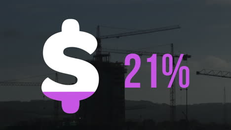 signo de dólar y porcentaje en rosa con grúas de construcción