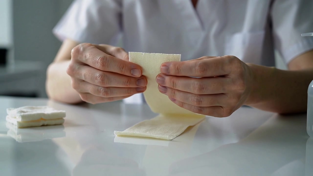 Un'infermiera in camice prende un tampone sterile, preparando una medicazione per ferite al tavolo per l'uso con disinfettante.
