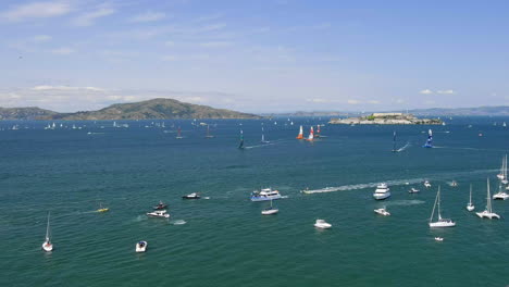 Aerial,-catamaran-sailboats-and-spectators-on-boats-at-the-San-Francisco-Sail-GP