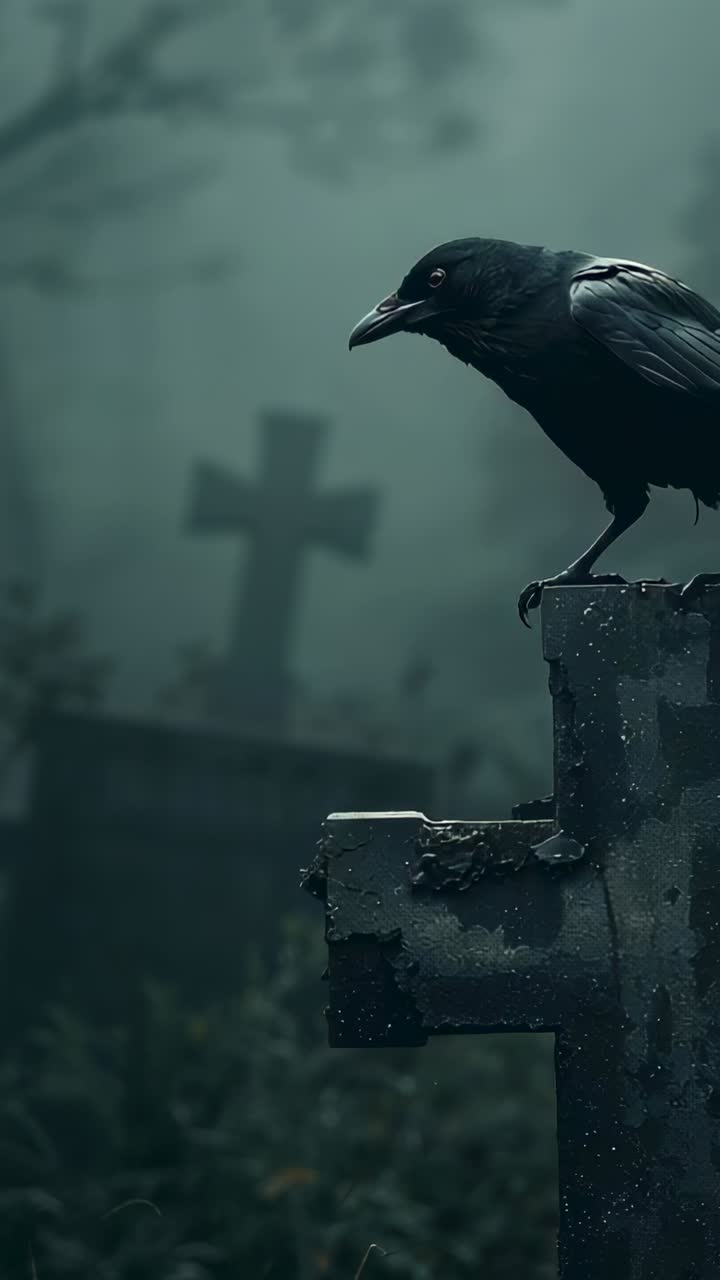 Vertical video: Moving raven facing lens with frames running on stone cross at cemetery, copy space