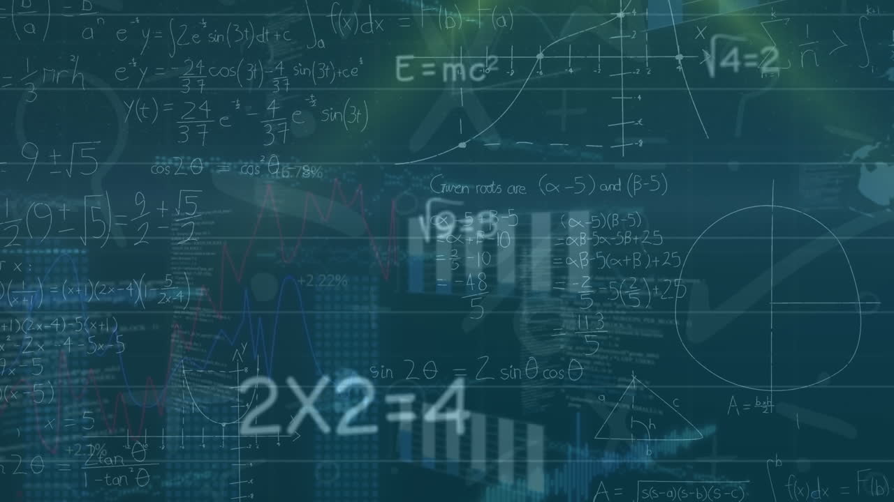 Animation of mathematical sums, graphs, globe, lens flare against green background