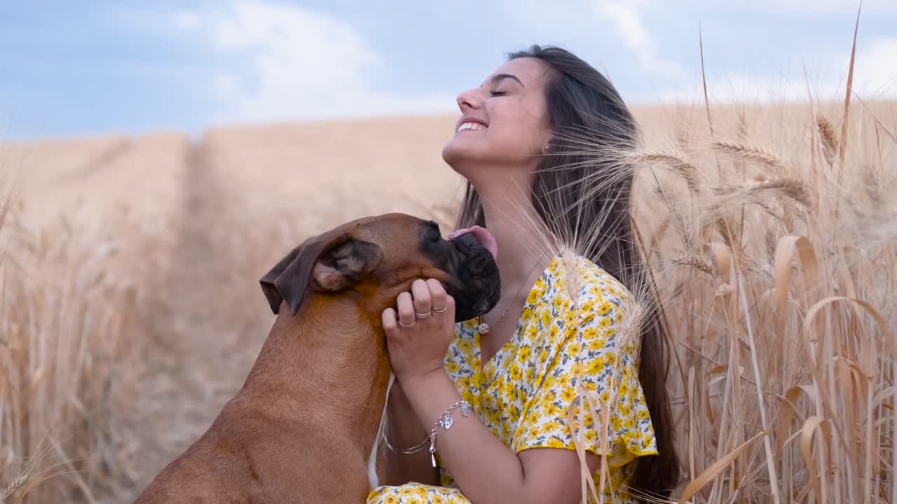 Cheerful young woman stroking and hugging her dog while they enjoy the day together in a wheat field