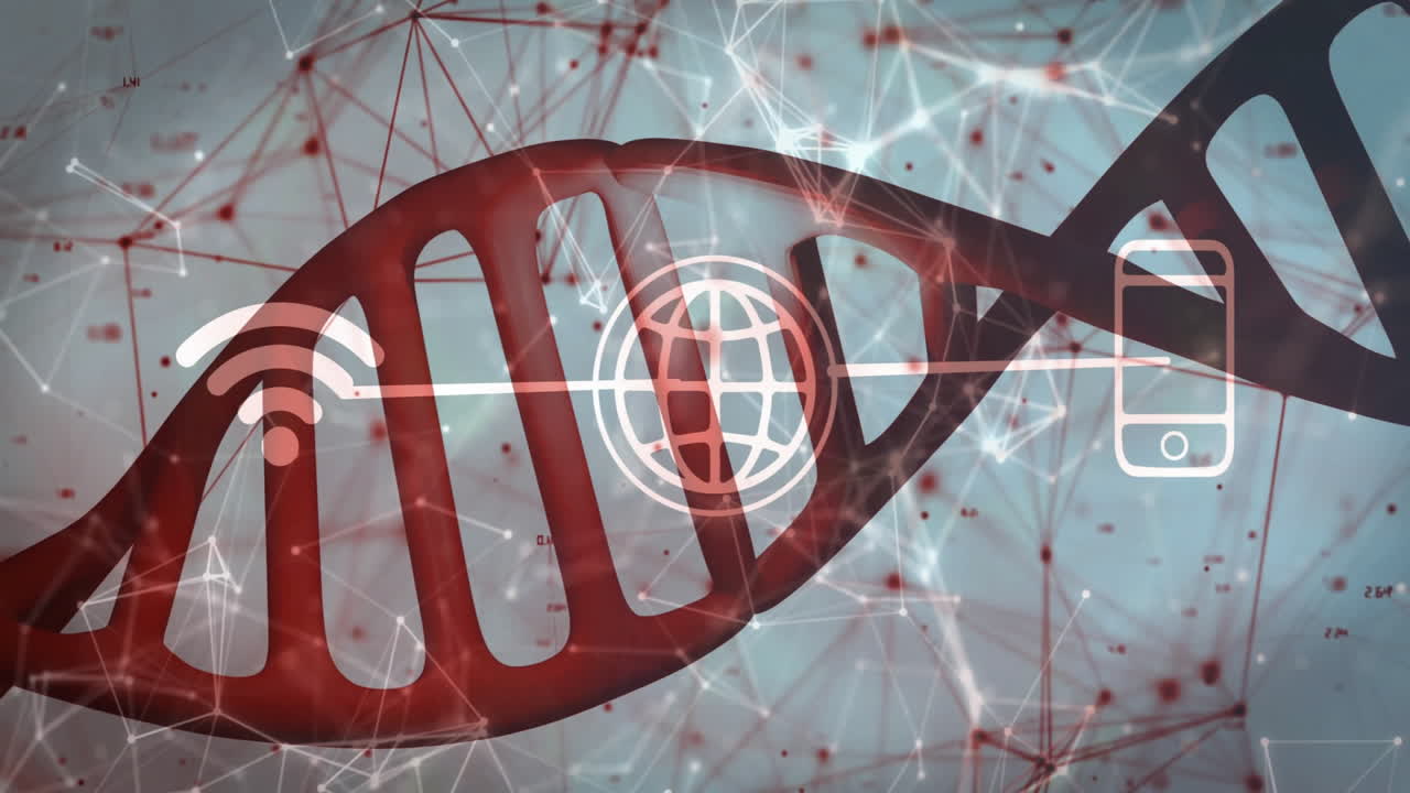 DNA strand with technology icons and network connections in digital animation