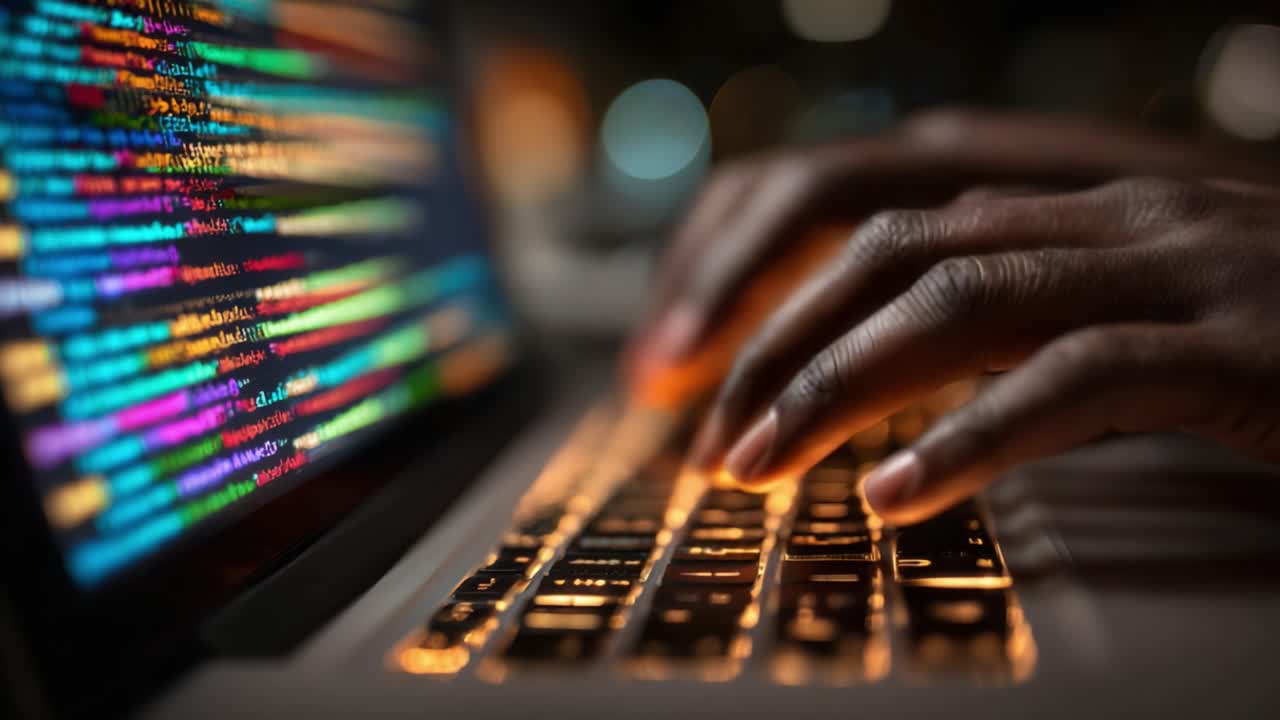 Exploring the Intricacies of Coding: A Close-Up View of Hands Skillfully Programming on a Laptop with Vibrant Lines of Code Displayed