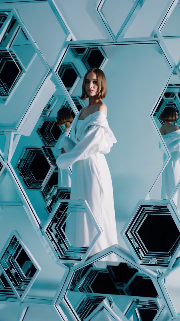Elegant Woman in White Dress Amidst Hexagonal Mirrors