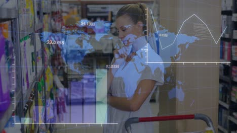 animation of data processing over world map against thoughtful caucasian woman at grocery store