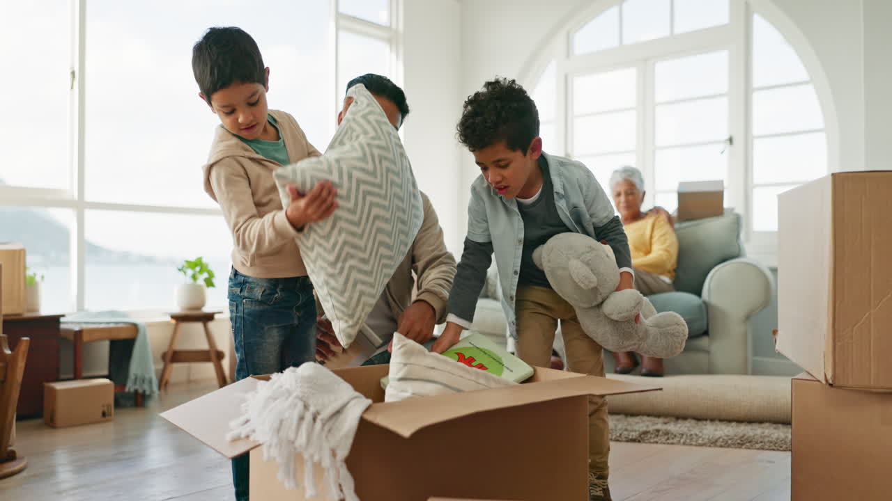 Moving, help and children packing with dad