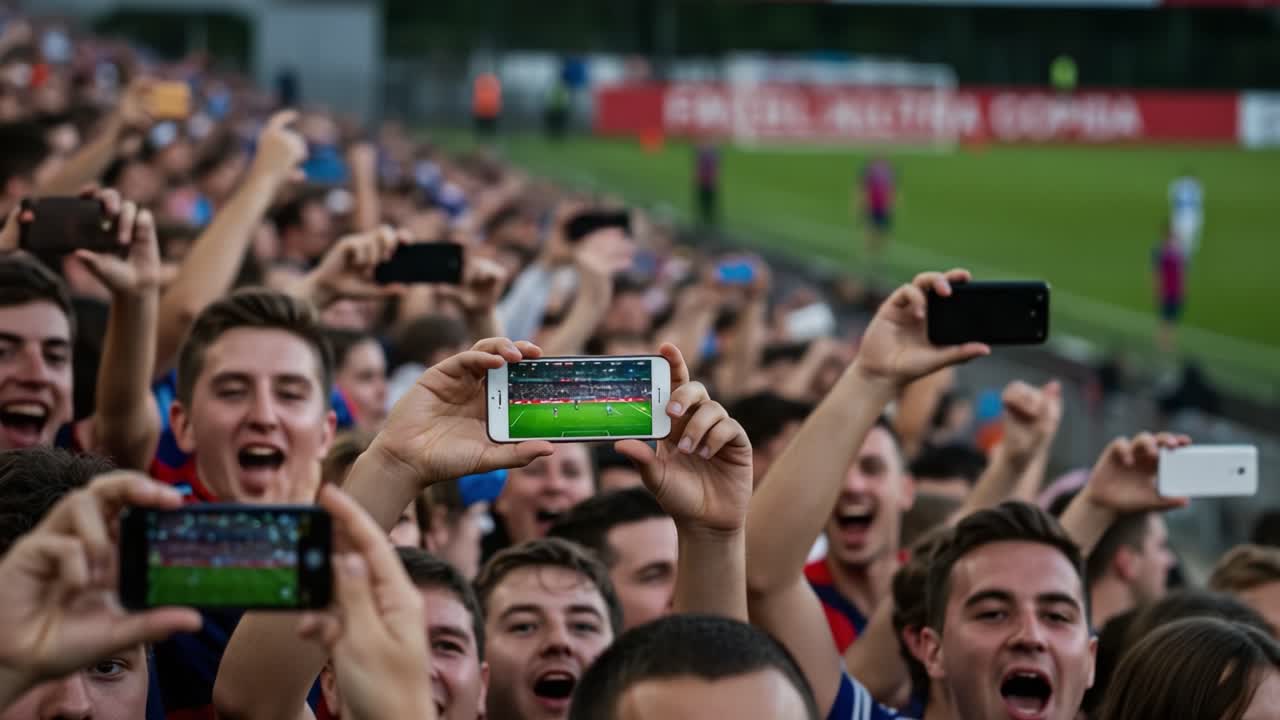 Energetic Crowd Celebrating a Soccer Match with Phones in the Air, Capturing the Excitement and Atmosphere of a Live Sporting Event