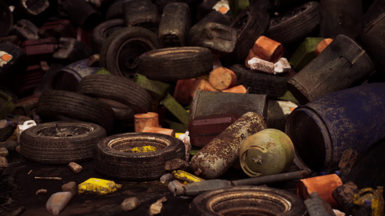 Accumulation of discarded tires and waste materials in a cluttered area