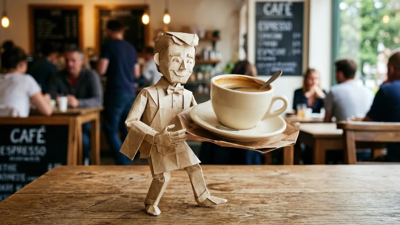 Figura di cameriere in origami che serve caffè in un bar