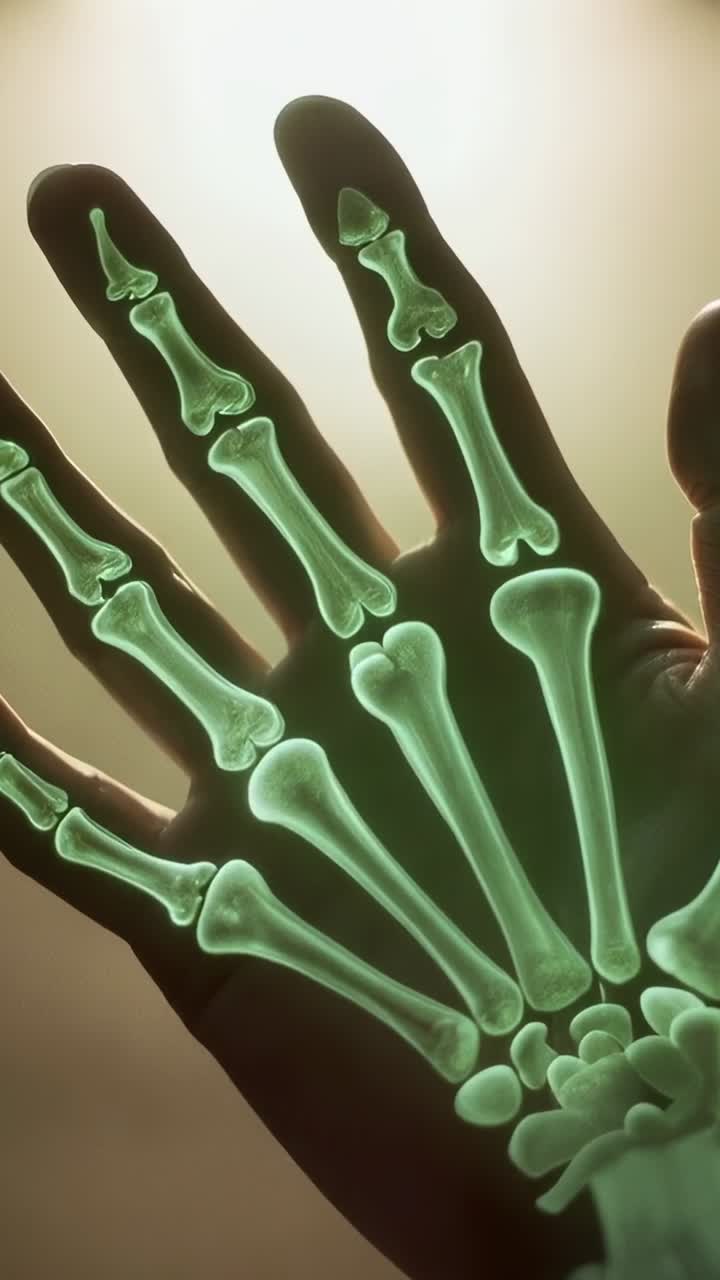 Vertical video: Raising human hand to light in room showing green skeletal overlay aligning bones