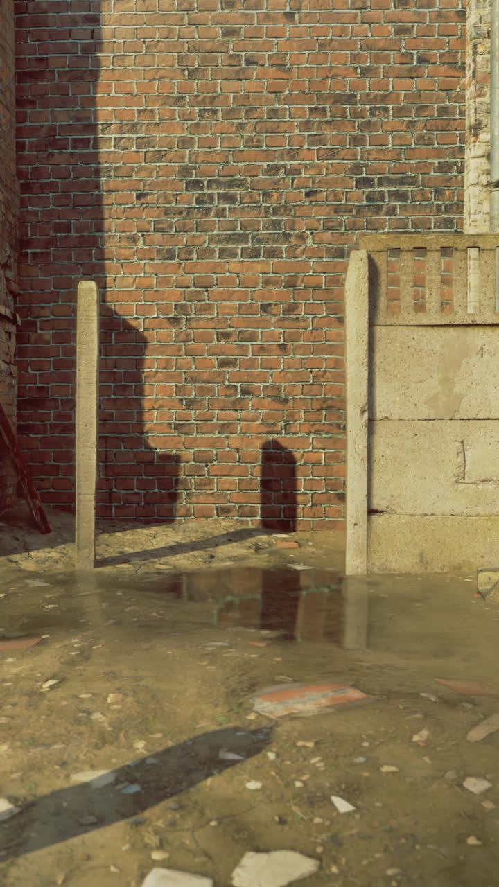 Urban alleyway with weathered structures and standing water in late afternoon