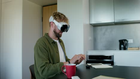 man using vr headset in a kitchen