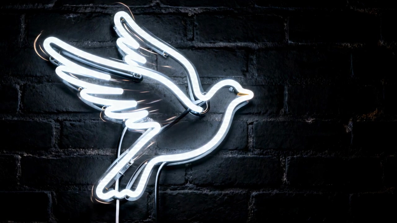 Paloma de neón pulsante encendiéndose, iluminándose y expandiéndose en una pared de ladrillo en un bar con cable de alimentación.