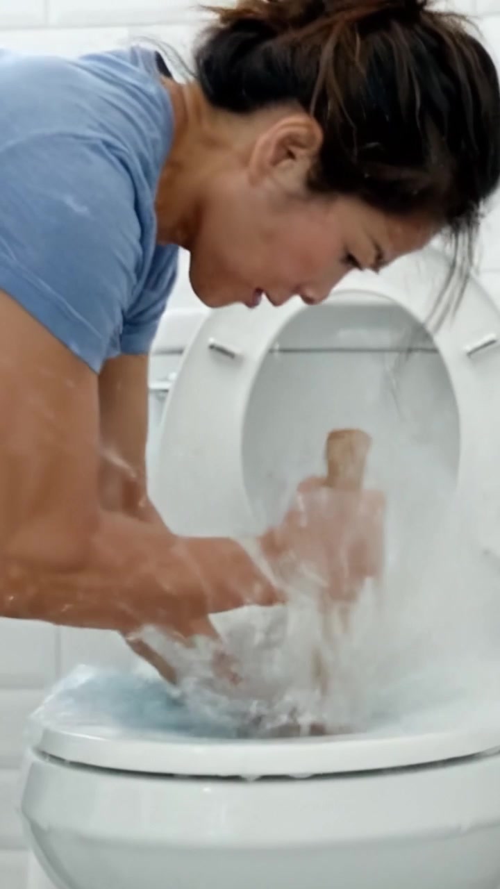 Pemilik Rumah yang Frustrasi dengan Tegas Membuka Sumbatan Toilet Menggunakan Plunger dalam Adegan Kamar Mandi Sederhana di Mana Ketekunan Bertemu Tantangan Rumah Tangga Sehari-hari