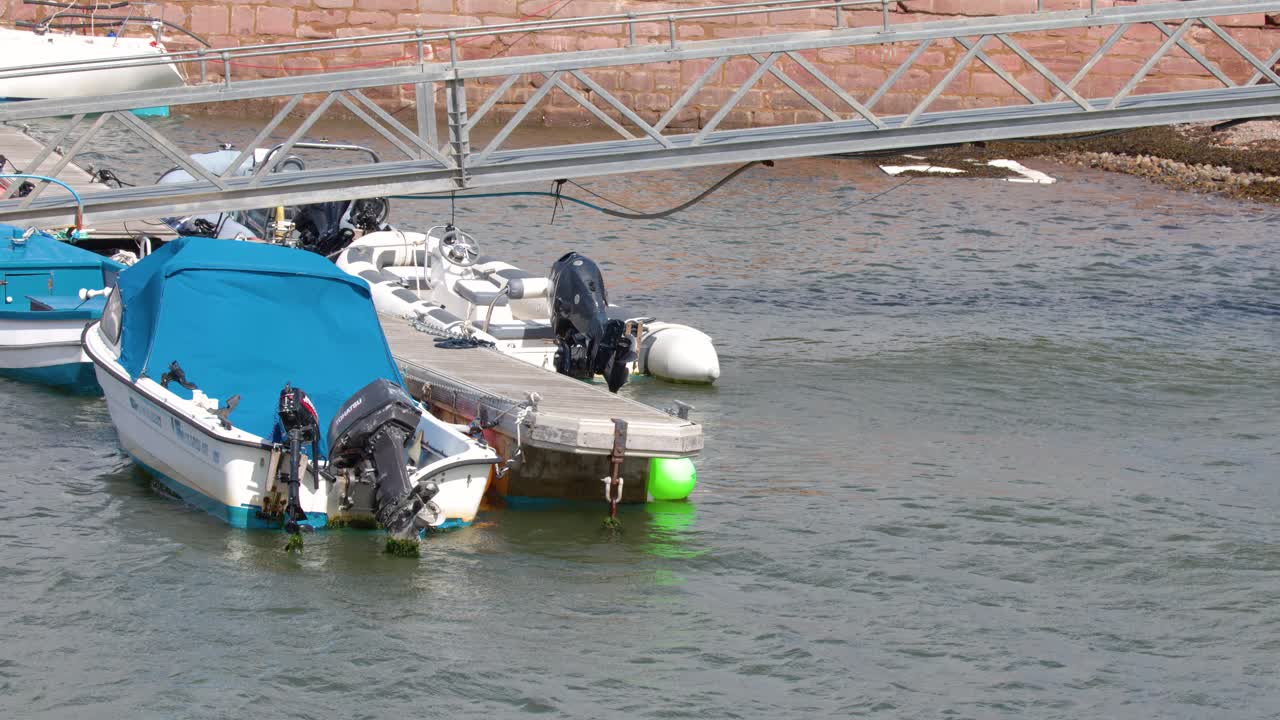 Covered dinghies with outboard motors bob gently at marina pontoon under bright natural daylight