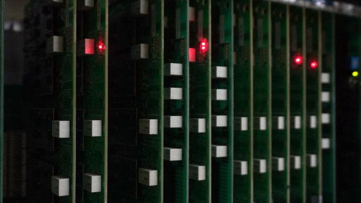 PABX telefon bundkort med et blinkende lys, der indikerer den digitale forbindelsesstatus
