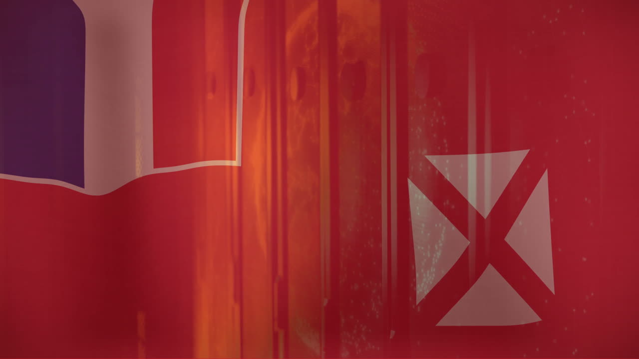Abstract red composition animating vertical streaks and merging white square with red X flat design