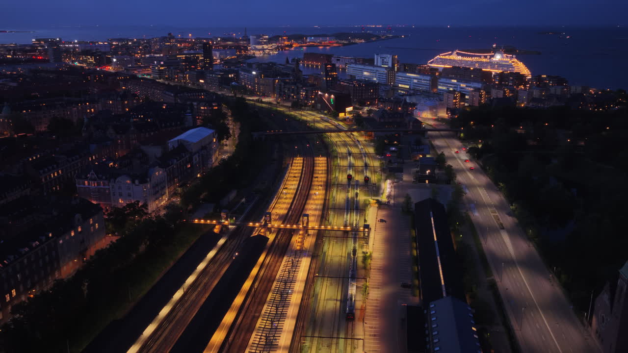 Aerial drone view of the platforms and historic station building, Copenhagen, Denmark