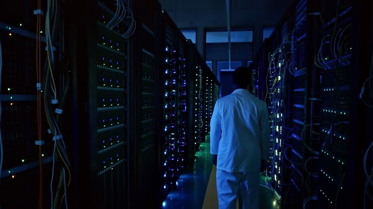 Engineer walking through a data center aisle with blinking server lights