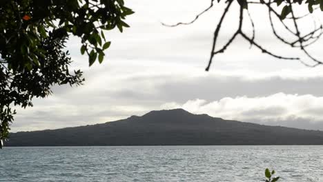 手持的照片 望向rangitoto島火山