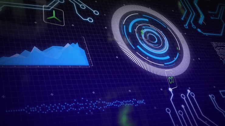 Incoming data pulse causing HUD rings rotating, area chart rising, nodes glowing to show telemetry