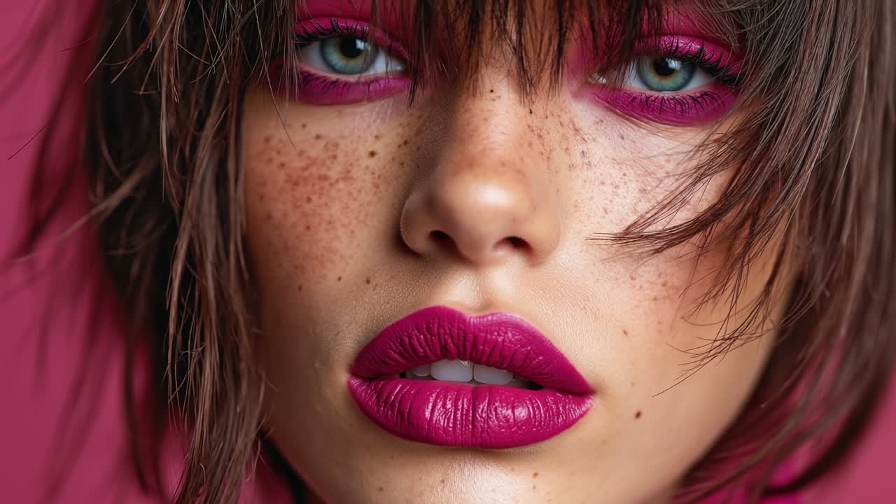 Primo piano estremo del viso di una donna con lentiggini e trucco rosa acceso.