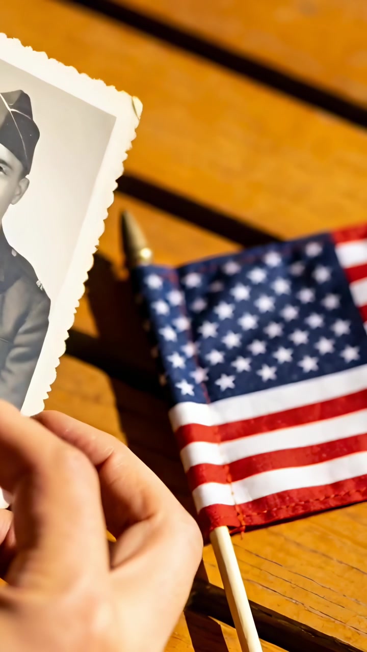 Vertical video: Entering hand lifting military portrait on table to honor US flag, copy space