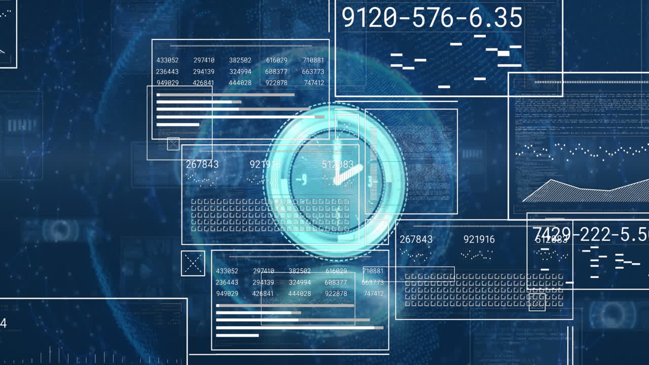 Animation neon ticking clock and interfaces with data processing over globe on blue background