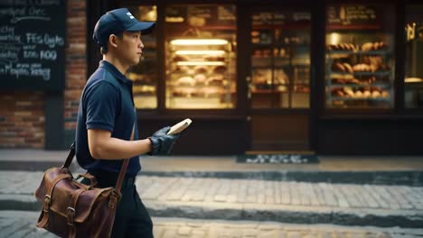 a delivery person strolls through a bustling cobblestone street, holding a smartphone while wearing gloves and a navy uniform. the backdrop features a bakery with various goods visible.