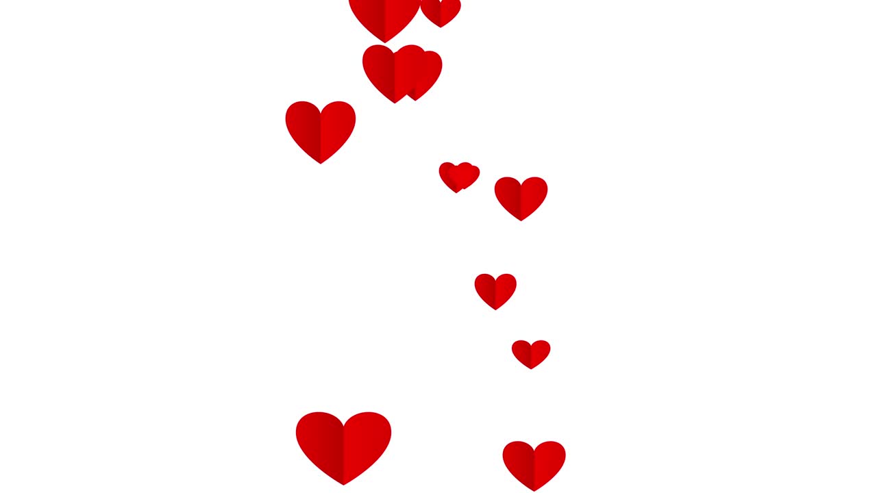 Cuori rossi fluttuanti volano come farfalle su sfondo bianco in loop continuo. Sfondo concettuale di amore, passione e celebrazione per San Valentino, la Festa della Mamma, anniversario di matrimonio.