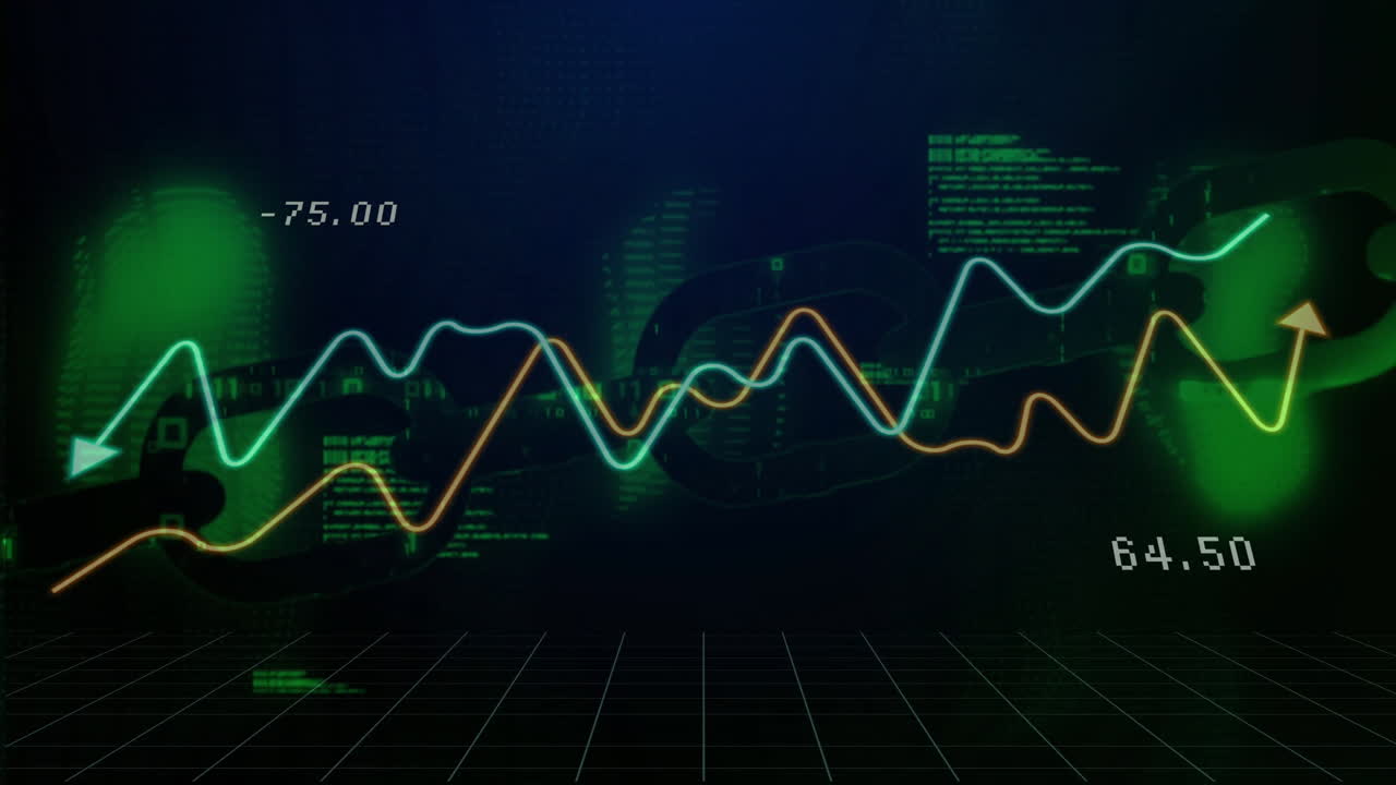 Neon trend lines crossing glowing grid, floating chain link graphic, displaying numeric data