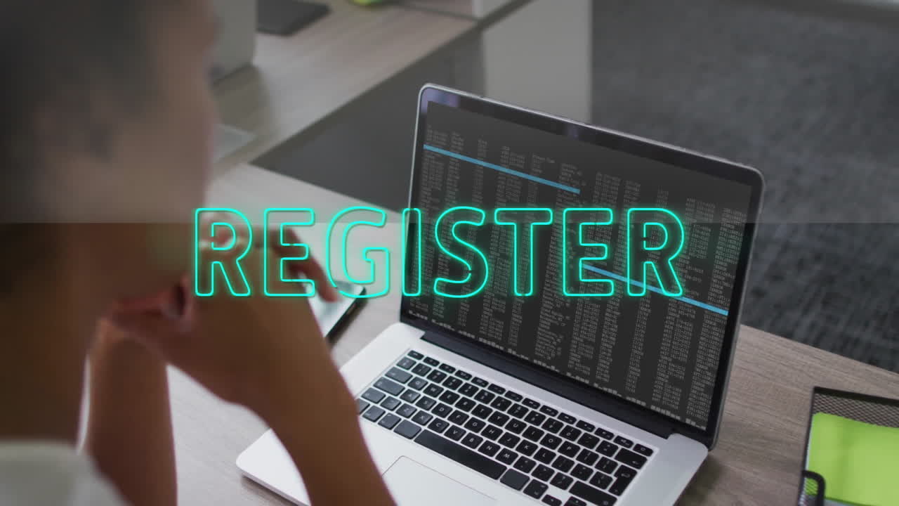 REGISTER text animation over person using laptop with data on screen